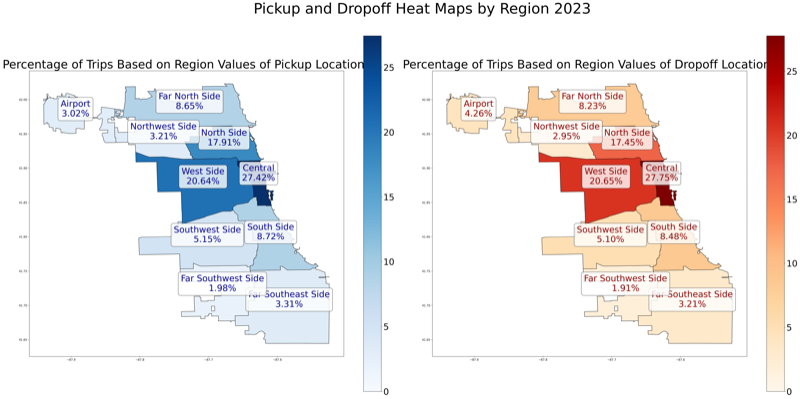 Maps of Chicago showing the regional distribution of rideshare pickups and dropoffs in 2023